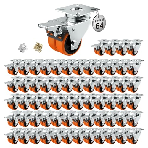 Image of Caster Wheels, 2inch Casters Set of 64 Heavy Duty, Two-Wheeled Orange TPE Casters with Brake, Double-Wheeled Swivel Plate Locking Castor Wheels Widely Used in All Kinds of Furniture.(64 Pack)