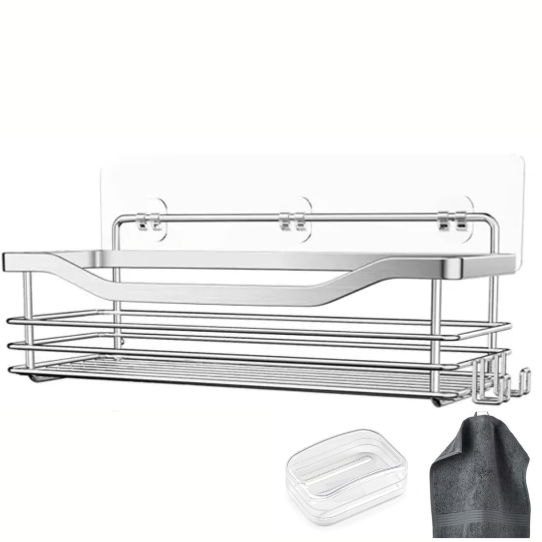 KRAMAZ Estanteria baño sin taladro - Organizador baño Acero Inoxidable - Estanteria ducha sin taladro - Resistente al Oxido - Cesta ducha - INCLUYE jabonera con tapa y toalla gris pequeña.