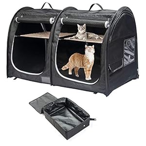 Mispace Portable Twin Compartment Show House Cat Cage/Condo – Easy to Fold & Carry Kennel – Comfy Puppy Home & Dog Travel Crate with Portable Carry Bag/Two Hammocks/Mats and Collapsible Litter Box