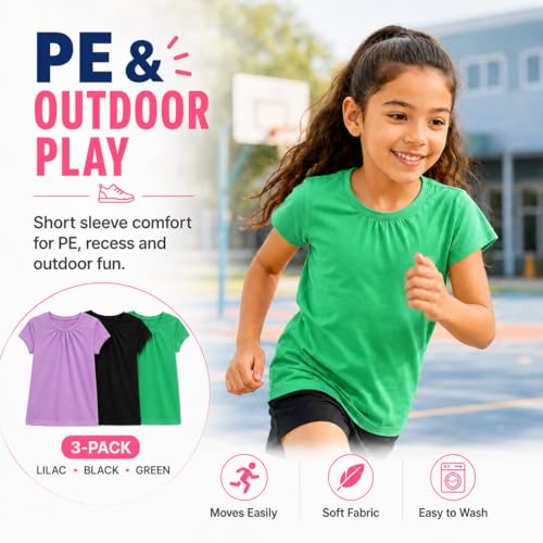Image of Bienzoe Plain Solid Girls T-Shirts: School Basic Tee 3-Pack | Short Sleeve, Ages 4-13, PE, Recess, Outdoor Play, Soft Cotton Blend, Breathable Quick-Dry, Easy Care, Easy to Mix and Match