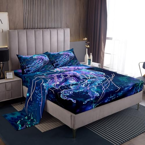 Trippy Jellyfish Bed Sheet Set Full,Fantasy Sea Creatures Fitted Sheet Watercolor Ocean Animals Bedding Set for Kids Boys Teens Room,Horror Halloween Decor Top Flat Sheet 4pcs,2 Pillowcases