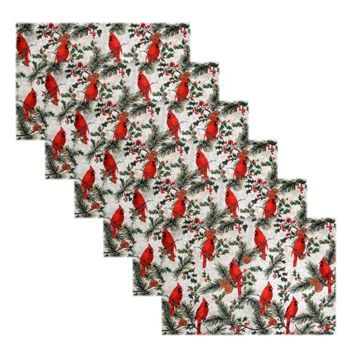Image of Dining Table Mats Set of 6 with 135 cm Runner - Bird Red Green Christmas Theme,Digital Print, Washable, Indoor /Outdoor, Heat-Proof, Wipe & Clean (47X33 cm) Red & Green
