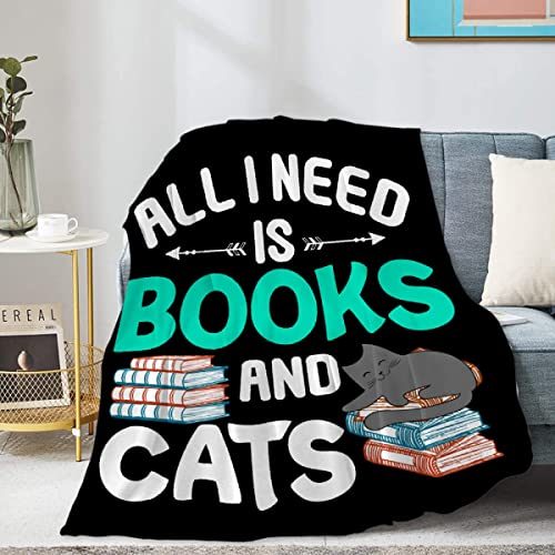 Homiehug All I Need is Books & Cats Soft Blanket Flannel Cozy Fuzzy Cute Animal Throws for Nap Bed Couch Home Decor Tapestries Child Plush Gifts All-Seasons 30