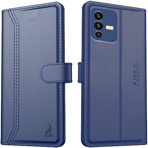 Image of AIBEX Compatible for Vivo V23 Flip Cover Leather Finish | Inside TPU with Card Pockets | Wallet Stand | Complete Protection Flip Case - Blue