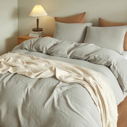 SE SOFTEXLY Muslin Duvet Cover Oversized King Size, 100% Washed Cotton Duvet Cover Set, Ultra Soft Comforter Cover Linen Like, 3 Pieces Gauze Duvet Cover with 2 Pillowcases, 98"x120", Smoky-Green