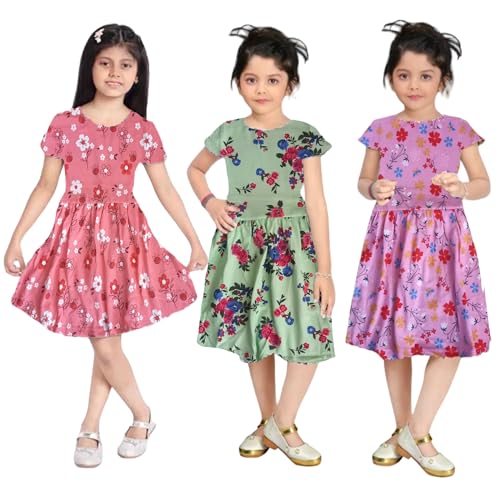 Image of NewLadiesZone Girls Pure Cotton Casual Round neck regular feet Multi Color Girls Gown dress Half Sleeve set of 3 pcs
