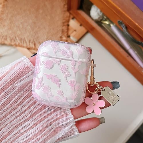 Image of MINSCOSE Compatible with AirPod 1&2 Clear Case,Cute Flower Floral Aesthetic Design with Flowers Keychain, Soft TPU Protective Shockproof Case for Women Girl for Airpod 1&2-Pink