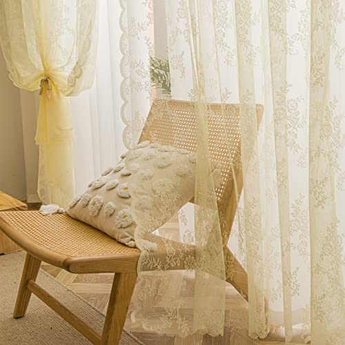 Deeprove Lace Curtains 84 Inches Long 2 Panels Set, Yellow Sheer Roses Embroidery Vintage Voile Farmhouse Window Panel Pair Ruffled Drape For Bedroom/Kitchen, Rod Pocket, Width 57" X Length 84" #TOP4