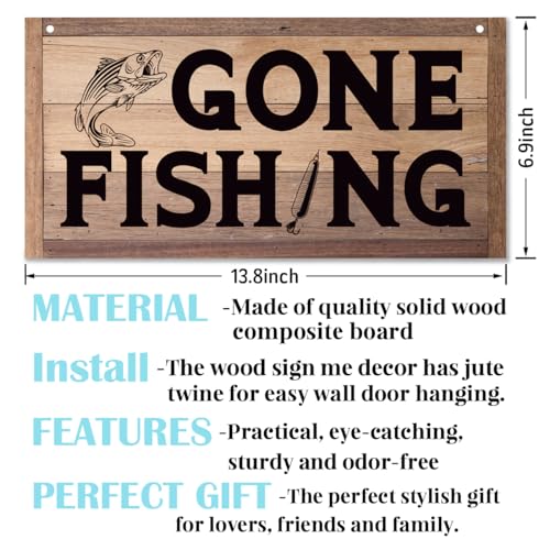 Letrero de madera Gone Fishing para pared de casa de lago rustica 3