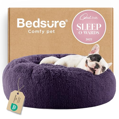 Image of Bedsure Calming Small Dog Bed Donut Washable Cat&Puppy Bed,23 inches Purple | Fluffy Faux Fur Round Cuddler,Machine Washable,Anti-Slip Bottom,Anti-Anxiety,Deep Sleeping for Large Cat & Pets Up to 25 Lbs