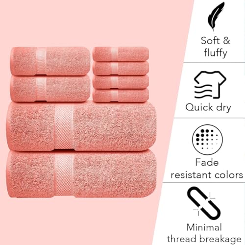 Image of Sulfar 100% Combed Cotton, 8 Pcs Towel Set - 2 Bath Towels (70 x 140 cm), 2 Hand Towels (40 x 70 cm) and 4 Face Towel (30 x 30 cm) (600 GSM, Pack of 8) Coral Pink