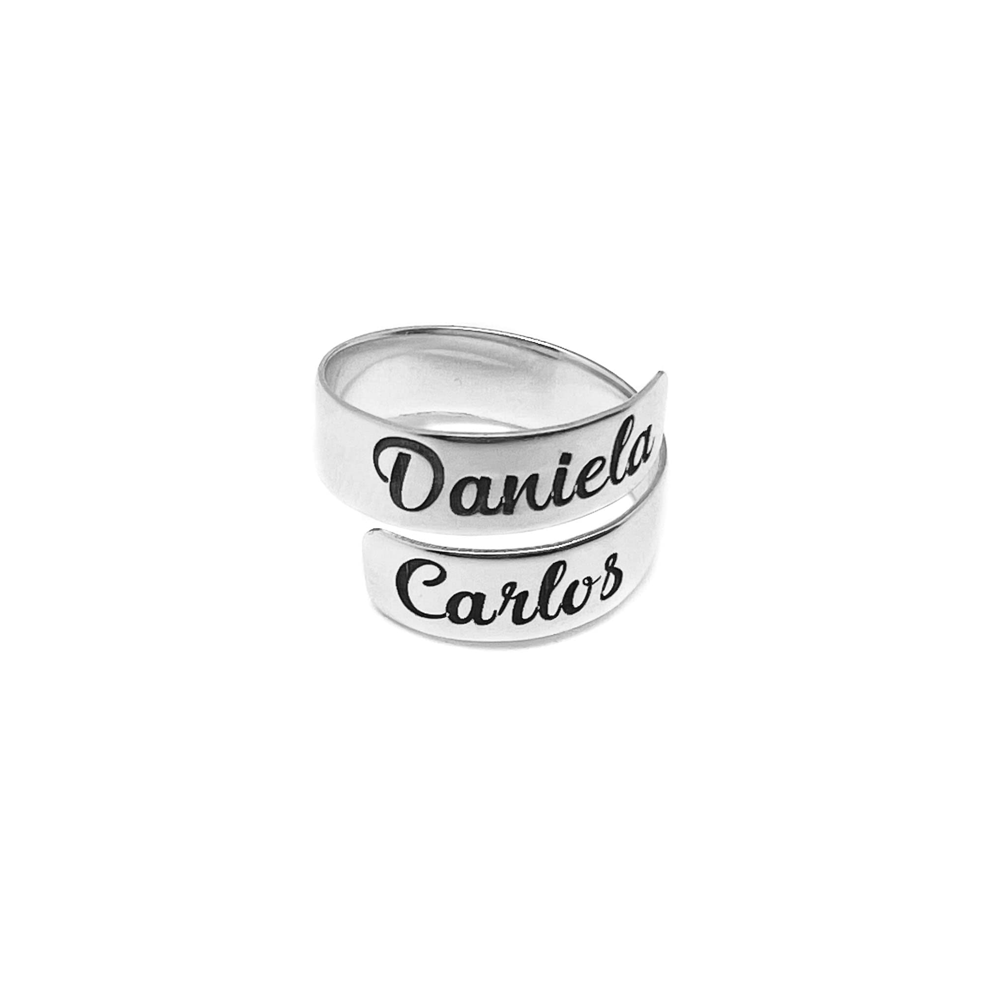 Anillo ajustable personalizado con nombres en plata de ley 925 | Joya grabada para mujer | Regalo único de amor, amistad o familia. Modelo 2 Nombres