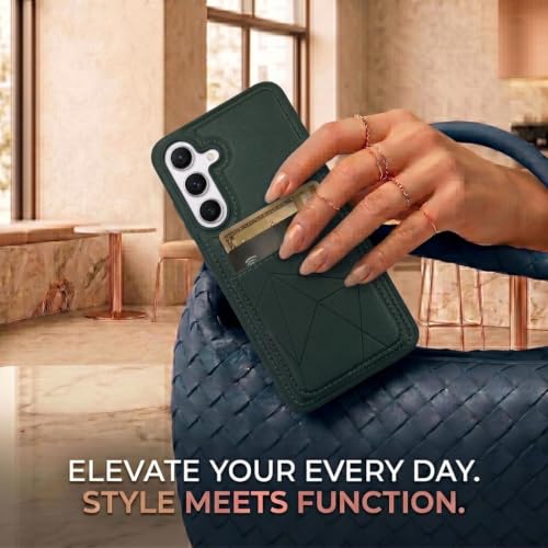 Image of amazon basics Premium Vegan Leather Back Cover with Card Holder and Integrated Mobile Stand for Samsung Galaxy S25FE 5G - Slim Shockproof Wallet Case with Geometric Stitching [Green]