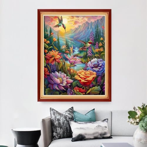 Image of Dimensean Stamped Cross Stitch Kits Full Range of Embroidery Patterns Starter Kits for Beginners Adult DIY Cross Stitches Needlepoint Kits 11CT-Hummingbird Scenery 16x20 inch
