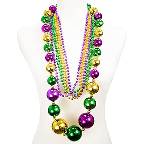 GIFTEXPRESS Mardi Gras 46” Jumbo Ball Bead Necklaces And 33” 7mm Assorted Metallic Color Beaded Necklaces Bundle Set for Party Favors, Mardi Gras Festivals, Mardi Gras Parades, Plastic Cover