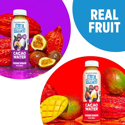 Image of Blue Stripes Cacao Water - Mango & Passion Fruit | Hydration Drink with Natural Electrolytes & Antioxidants | Cacao Juice, Fruit Juice & Water | No Sugar Added, Plant Based, Non GMO |10 floz (12 Pack)
