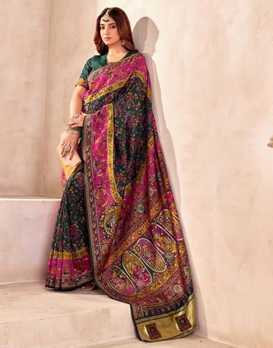 Image of SIRIL Women's Silk Kashmiri Minakari Jacquard Saree With Unstitched Blouse Piece