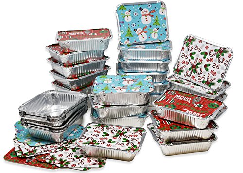 Gift Boutique 36 Count Christmas Tin Foil Containers With Lid Covers For Cookies In 3 Holiday Designs Aluminum Disposable Food Storage Pans For Treat Exchange & Goody Party Leftovers 5"W X 7"L X 1.5" #TOP4