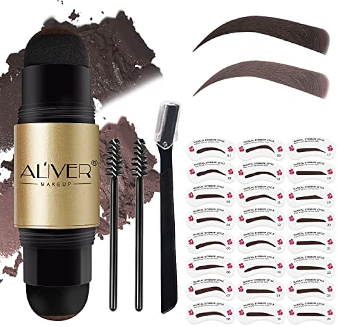 Eyebrow Stamp Stencil Kit, Double EyeBrow Stamp Kit, Perfect Eyebrow Powder Stamp Makeup with with 24 Reusable Eyebrow Stencil,2 Eyebrow Brushes and 1 Eyebrow Trimmer (Light Brown + Medium Brown)