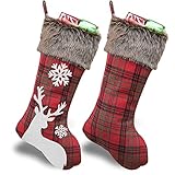 WUJOMZ Set of 2 Christmas Stockings 2019, 18 Inches Burlap with Large Plaid Snowflake and Plush Faux Fur Cuff Stockings, for Home Decor