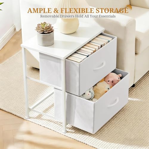 Image of Nightstand, Small 2 Drawer Dresser Side Table, Bedside Storage Furniture with Wooden Top Fabric Bins for Bedroom, Closet, Dorm, 11.8 inch D x 18 inch W x 20 inch H, Cream White