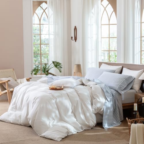 Image of MooMee Striped Sheet Set 100% Washed Cotton Linen Like Queen | Relaxed Linen-like Texture. Soft, Breathable & Lightweight Comfort. 15-19 inch Extra Deep Pocket with All-around Elastic