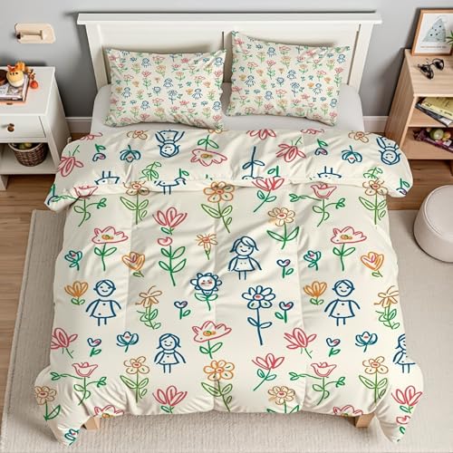 Funda Nórdica Cama 90 Florete Juego de Ropa de Cama 150x200 IlustracióN Microfibra Suave Funda de Edredón y 2 Funda de Almohada 50x75 cm con Cremallera