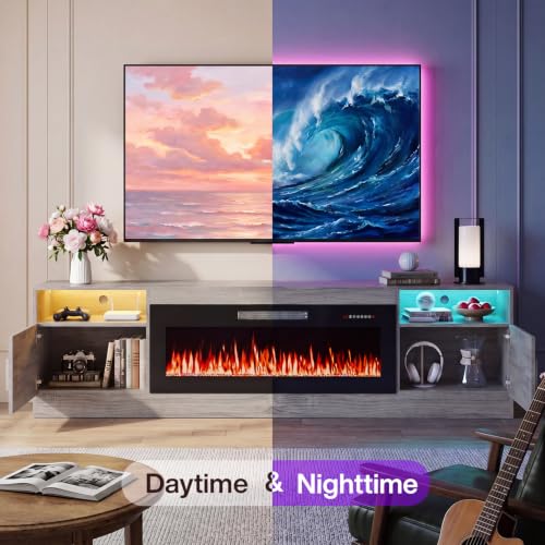 Image of Waleaf 70 inch Fireplace TV Stand with 36 inch Electric Fireplace,20 Colors LED Lights Entertainment Center for Living Room,Large High Gloss TV Console Cabinet for Televisions up to 80+ Inch