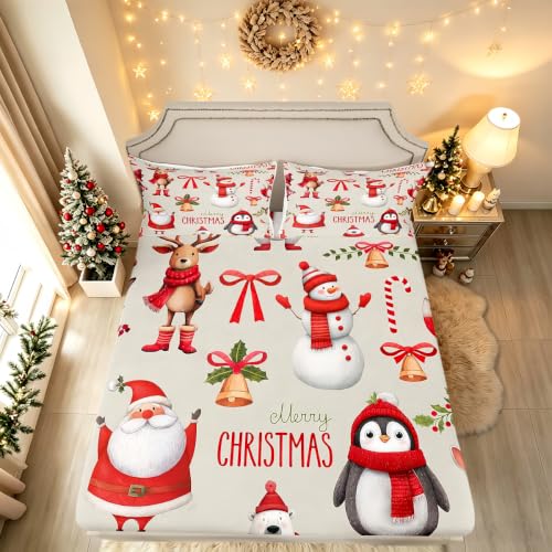 Erosebridal Merry Christmas Bed Sheet, Kids Santa Claus Bedding Set Full Size, Cute Deer Penguin Fitted Sheet for Boys Girls Xmas Bedroom Decor Christmas Bell Snowman Sheet Set(No Top Sheet)