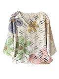 GORGLITTER Women's Crochet Knit Short Sleeve Sweater Boho V Neck Lightweight Tops Beach Vacation Cruise Outfit Apricot# 02 Medium