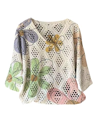 GORGLITTER Women's Hollow Out Floral Crochet Sweater V Neck 3/4 Sleeve Boho Summmer Knitwear Tops Apricot# 02 X-Large