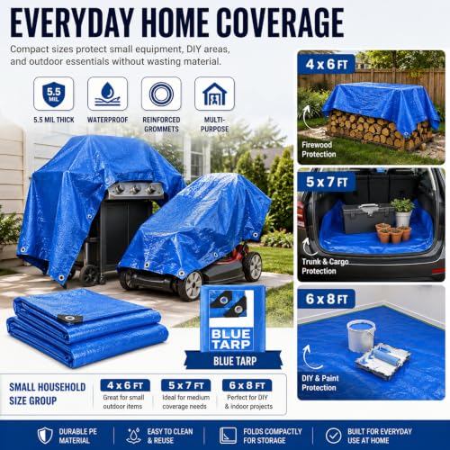 Image of 8 Pack 6 x 8 ft 5.5 Mil Large Tarps Heavy Duty Waterproof Tarp Multi Purpose Tent Cover for Home Boats Cars Camping Patio Furniture Roof Emergency Rain Protective Cover, Blue
