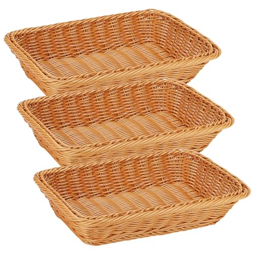 ZEONHAK Paquete de 3 cestas de mimbre de imitación tejidas para pan, 30 x 20 x 7 cm, color marrón, cestas rectangulares de polietileno para almacenamiento de alimentos para cocina