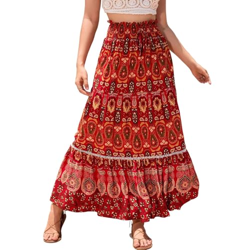 Lu's Chic Women's Long Skirt Pleated High Waisted Beach Ruffle Gypsy Spring Stretch Pull On Flowy Elastic Fashion