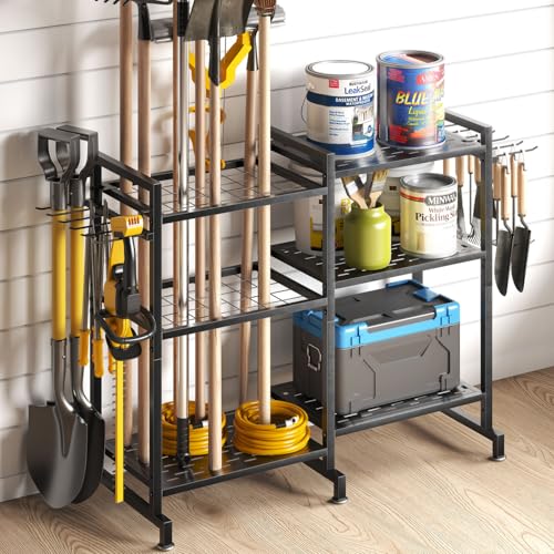 SOYEEZE Garden Tool Organizer, Yard Tool Rack for Garage Organization and Storage, Garden Tool Holder, Up to 35 Tools/Rakes/Brooms/shovel for Shed, Workshop, Outdoor, Black