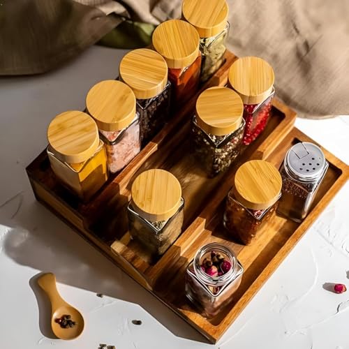 Image of VILON 120ml Glass Spice Jars with Airtight Bamboo Lids - Set of 12 Square Seasoning Containers - Premium Spice Organizer with Shaker Lids - Clear Glass Kitchen Storage Jars