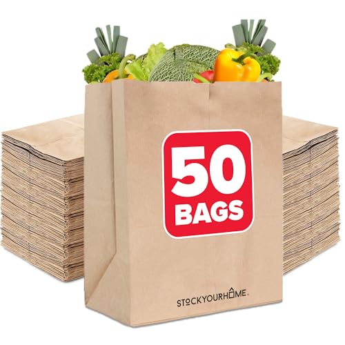 Stock Your Home 70 lb Kraft Brown Bags 50 Pack 17x12x7 Grocery Bags Heavy Duty Large Brown Bags for Shopping Takeout Storage Trash or Recycling Bulk Pack.
