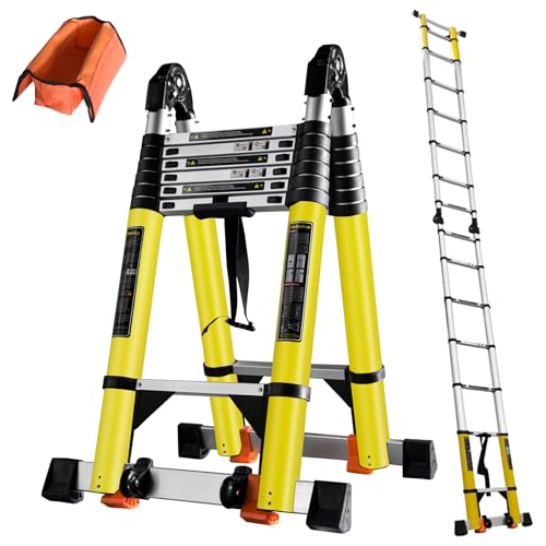 18FT A Frame Telescoping Ladder w. Balance Bars/Wheels/Tools Bar, Aluminum Extension Ladder Collapsible to 39