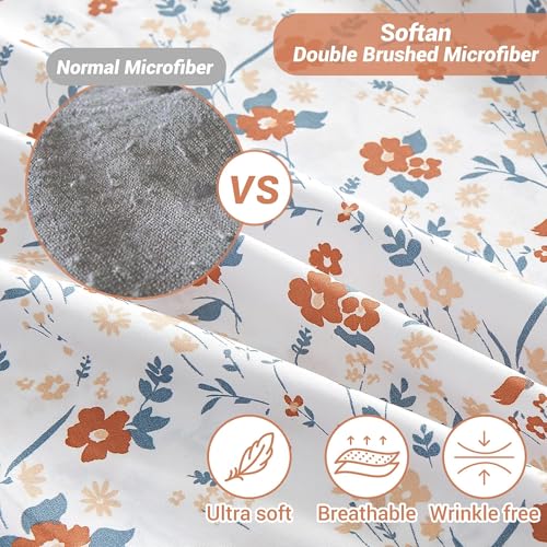 Image of Softan Floral Queen Sheet Set Orange Flower Printed Bed Sheets - 4 Piece Soft Microfiber Patterned Fitted Sheets with 15 inch Deep Pocket and Corner Straps, Cute Spring Sheets & Pillowcase Set