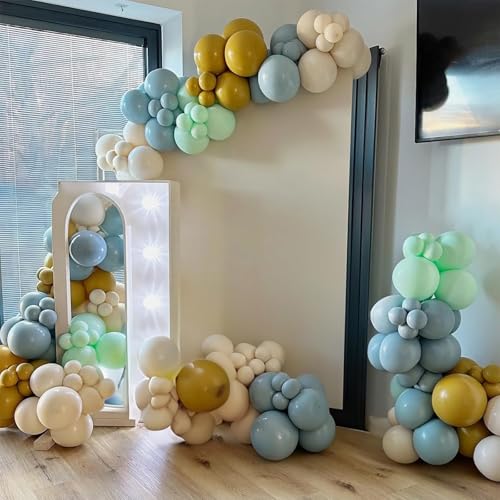 Image of Jobkoo Sage Green Dusty Blue Balloons, 12 Inch Retro Slate Light Blue Olive Green White Sand Beige Nude Eucalyptus Latex Balloon for Boho Rabbit Birthday Wedding Toy Baby Shower Woodland Party Decor