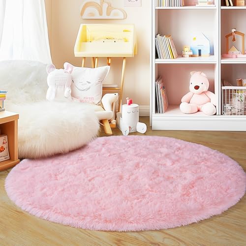 5'x5' Round Pink Rugs for Girls Bedroom, Ultra Soft Fluffy Circle Rug for Kids Room, Cute Shag Rugs for Living Room Playroom Tent Castle Home Decor Rug