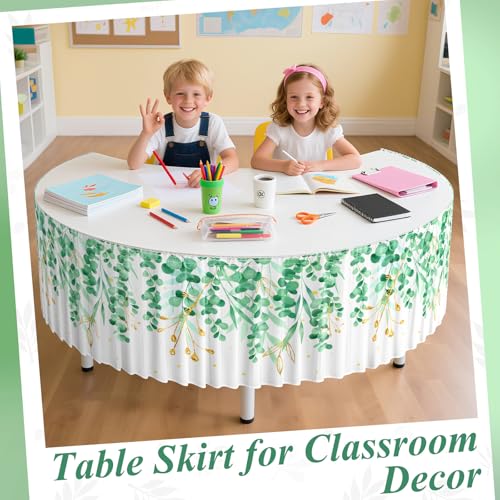 Image of 14FT Ruffle Eucalyptus Table Skirt Sage Green Teacher Desk Skirt for Classroom Decor Rectangle Table Cloth for Back to School Decorations Baby Shower Party Supplies Home Office Dorm Bookcase Cabinet