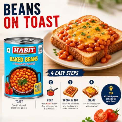Image of HABIT Baked Beans in Tomato Sauce - 400g x Pack of 1 | Made with Haricot (Navy) Beans Ethiopian beans | Ready-to-Eat | Perfect for Toasties, Curries, Pies & Burgers | Canned Baked beans in tomato sauce
