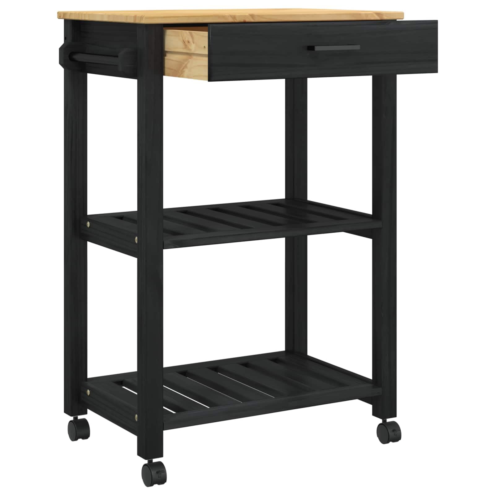 Küchentrolley Monza Schwarz Massivholz Kiefer 60 x 40 x 88,5 cm mit Regal Schublade Vier 360° Rollen für Küchenorganisation und Mobile Arbeitsfläche