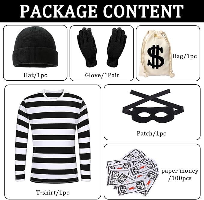 ZhuXIXILiang 6pcs Robber Costume Set for Adult Burglar Costume Set cops and robbers fancy dress with Black & White Striped T-shirt Robber Mask Eye Mask Gloves Canvas Bag Beanie for Halloween Carnival - Image 2