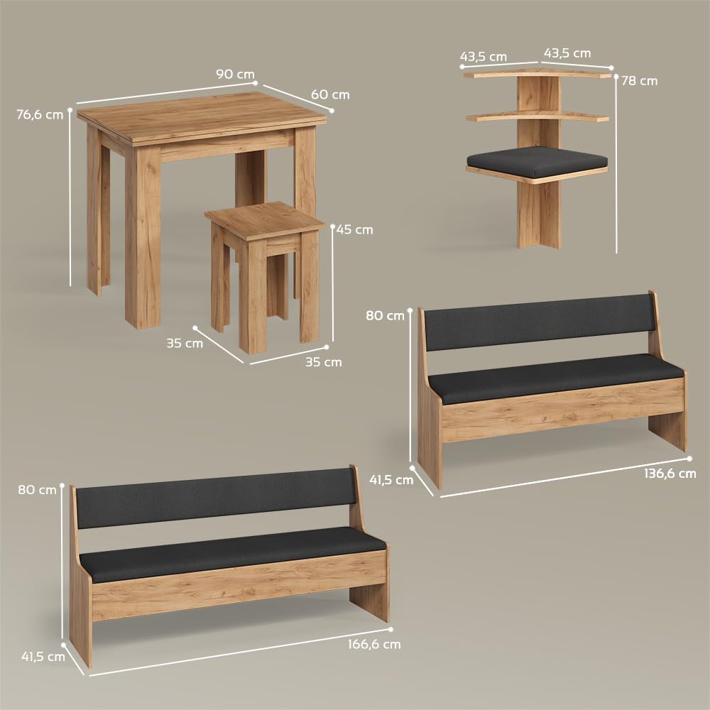 Livinity Conjunto con Banco esquinero Tiberio, Roble Dorado, 210 x 180 cm | con mesa