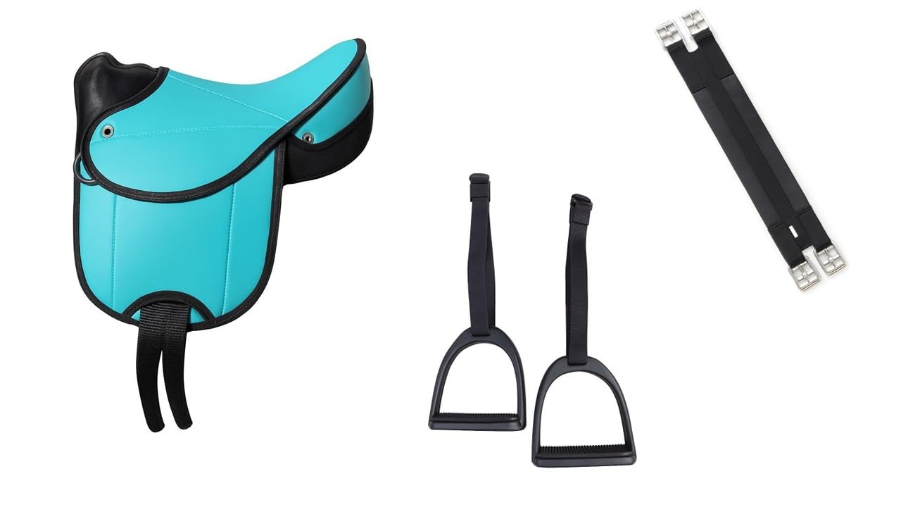 Equipride CUB SADDLE FOR KIDS SHETLAND HORSE WITH GIRTH LEATHERS STIRRUPS & SADDLE PAD (Turquoise) โ image 1