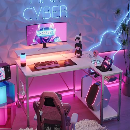 Bestier-Gaming-Desk-with-Power-Outlets-42-L-Shaped-Gaming-Desk-with-LED-Lights-Desk-with-Reversible-Storage-Shelves-Hooks-for-Small-Spaces-Bedrooms-Offices-Carbon-Fiber-White