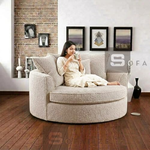 Image of SOFALIZE - Modern Barrel Accent with Pillows Round Sofa Combines Contemporary Design Oversize Arm Chair Cozy Club Chair for Bedroom, Living Room, Lounge, Hotel & Office, Hallways Sofa (Beige Boucle)