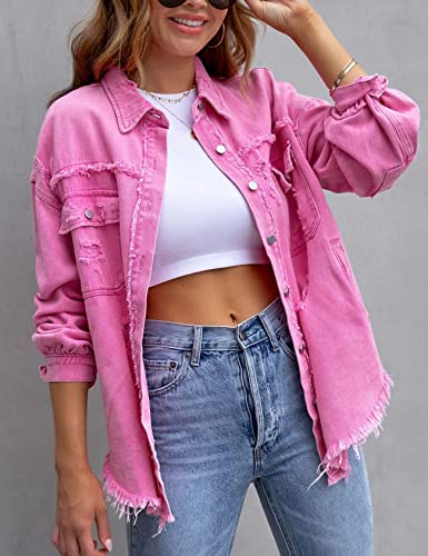 LifeShe Women's Denim Jacket Oversized Button Down Jean Shirts Shacket Ripped Distressed Frayed Coat3